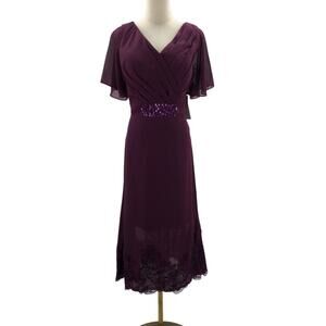 FORMAL 14 XL purple chiffon beaded v neck mother of bride knee dress NEW B36